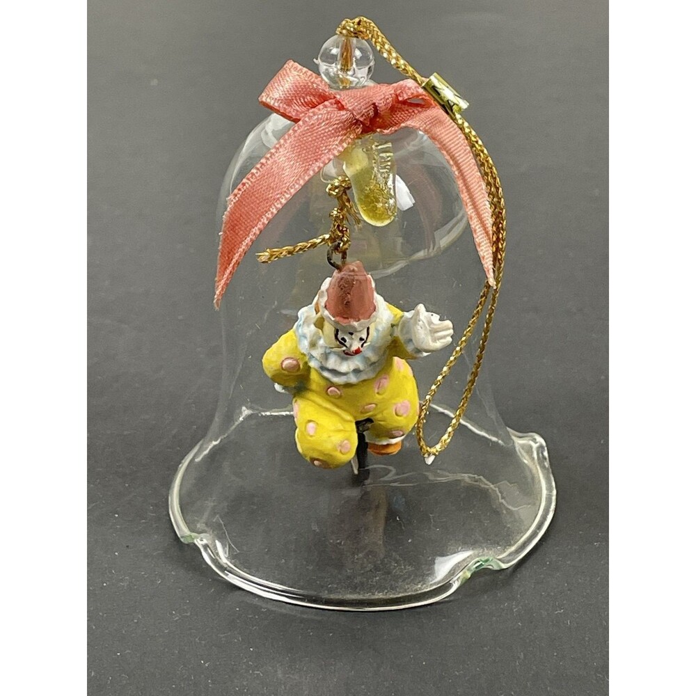 Vintage Clear Glass Bell Figurine Clown on Bicycle Hand-Painted Ornament